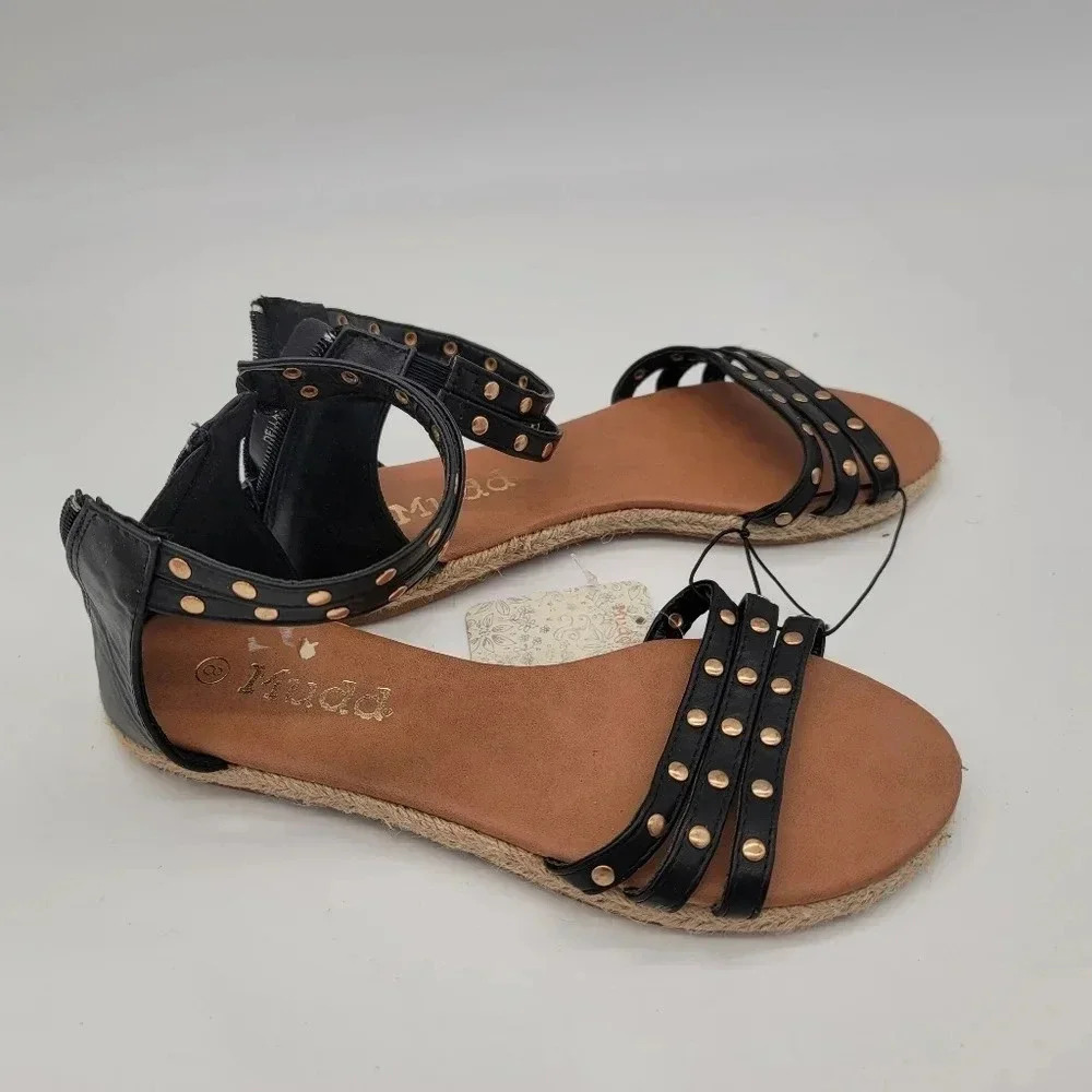 NWT Mudd Women's Studded Black Gold Ankle Zip Sandals Faux Leather Sz 8